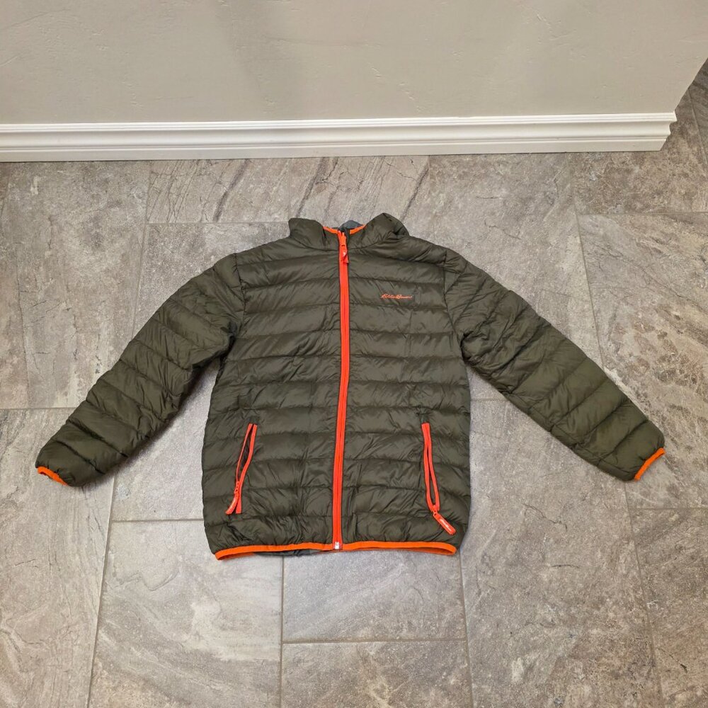 EDDIE BAUER DOWN FILLED REVERSIBLE HOODED camo WINTER COAT Youth Boy Sz LRG 14